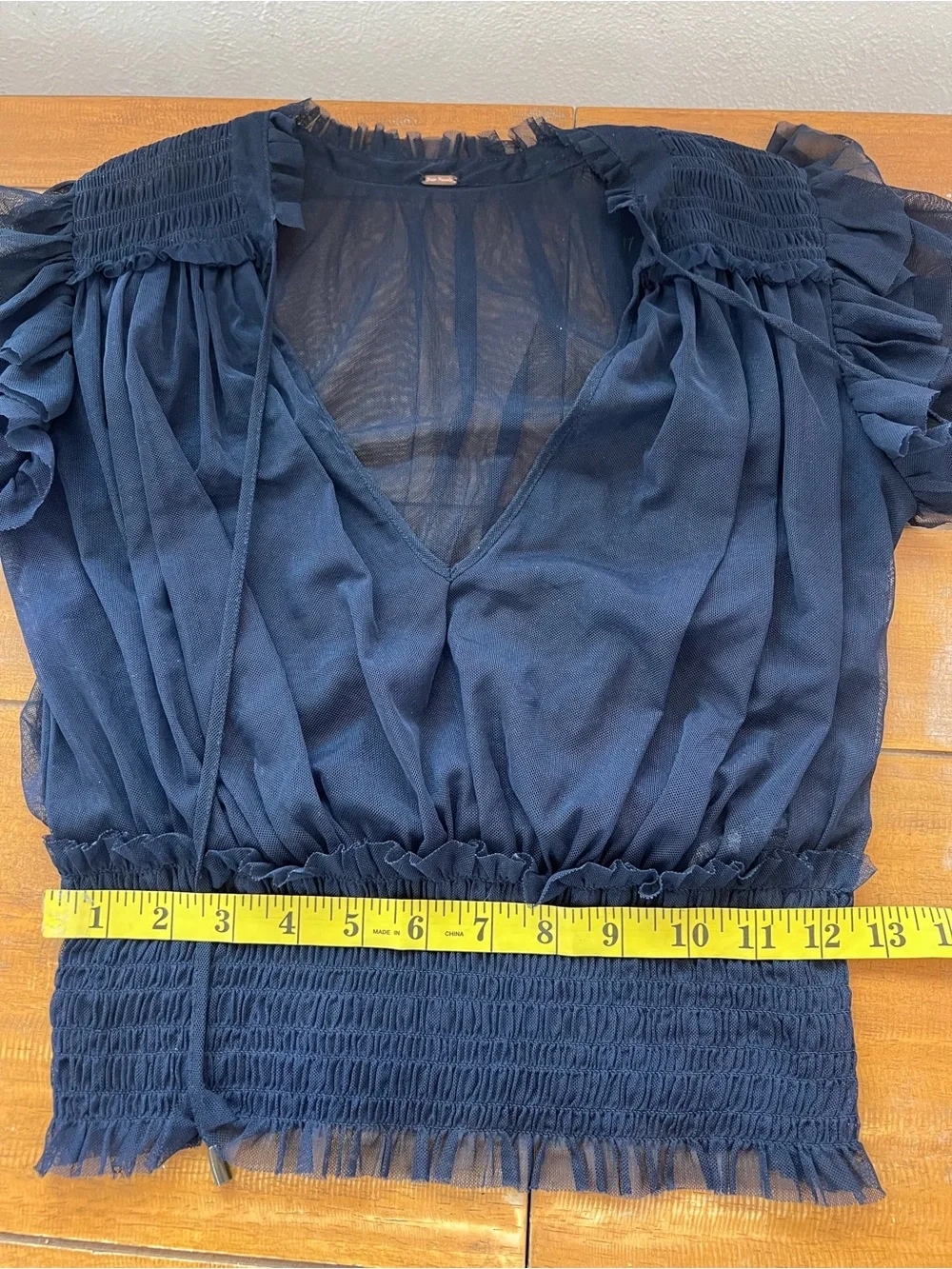 Free People Twila Sheer Net Tulle Cropped Blouse Indigo Lost Blue Boho Size Smal